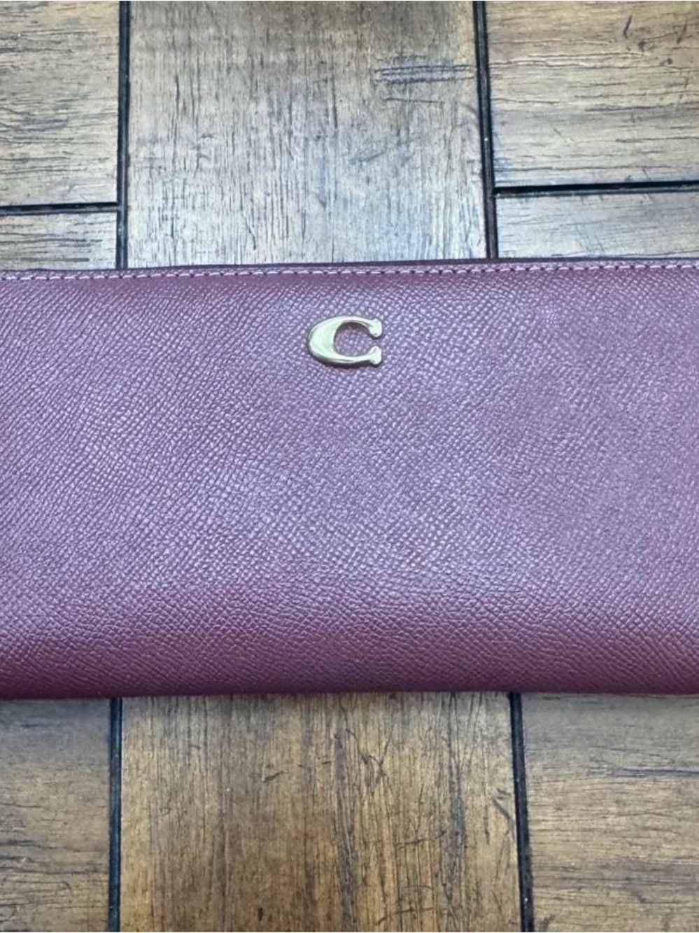 Coach Plum Saffiano Leather Wallet with Gold 'C' Accent